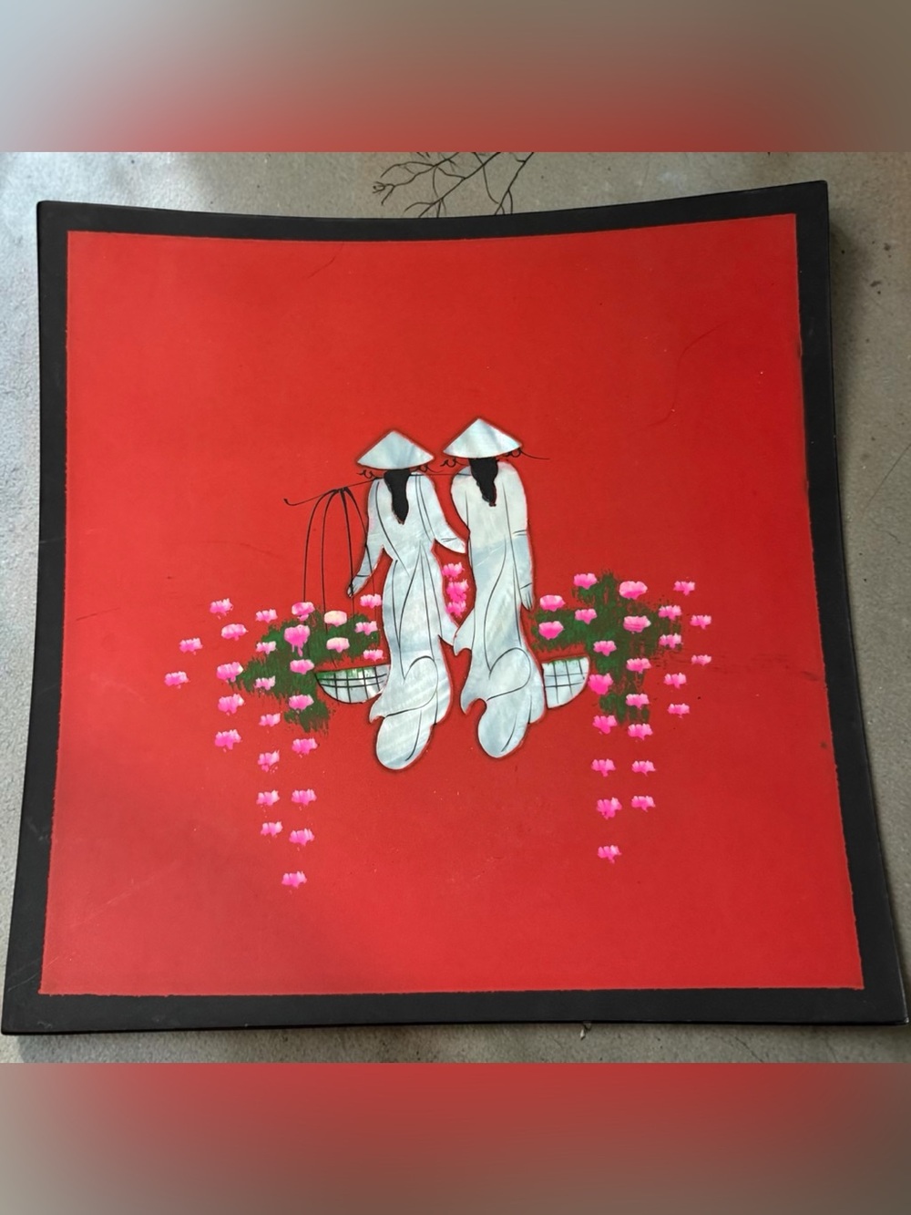 Hand-Painted Red Asian Pair Wall Art with Floral Accents